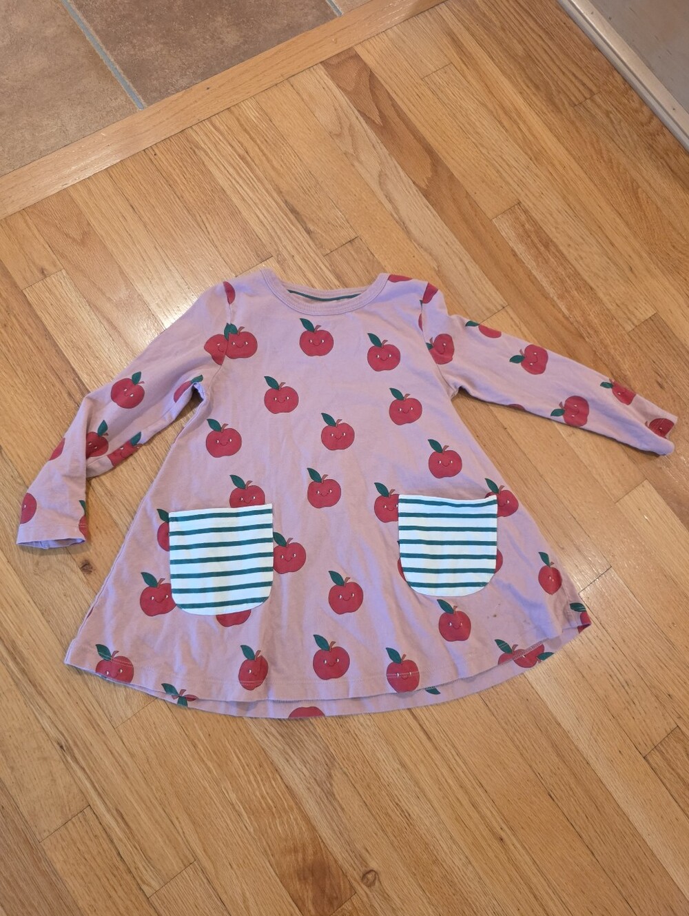Mini Boden Girl's Apple Dress With Striped Pockets
